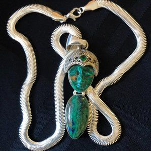 Handmade Russian Azurite Malachite Stone 925 Stamped Sterling Silver Necklace